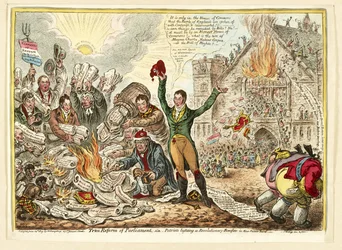 議会の真の改革、すなわちパブリオがパレスのニューパレスヤードで革命的な焚き火を照らしている。ハンナハンフリー、1809年（手描きの彫刻）